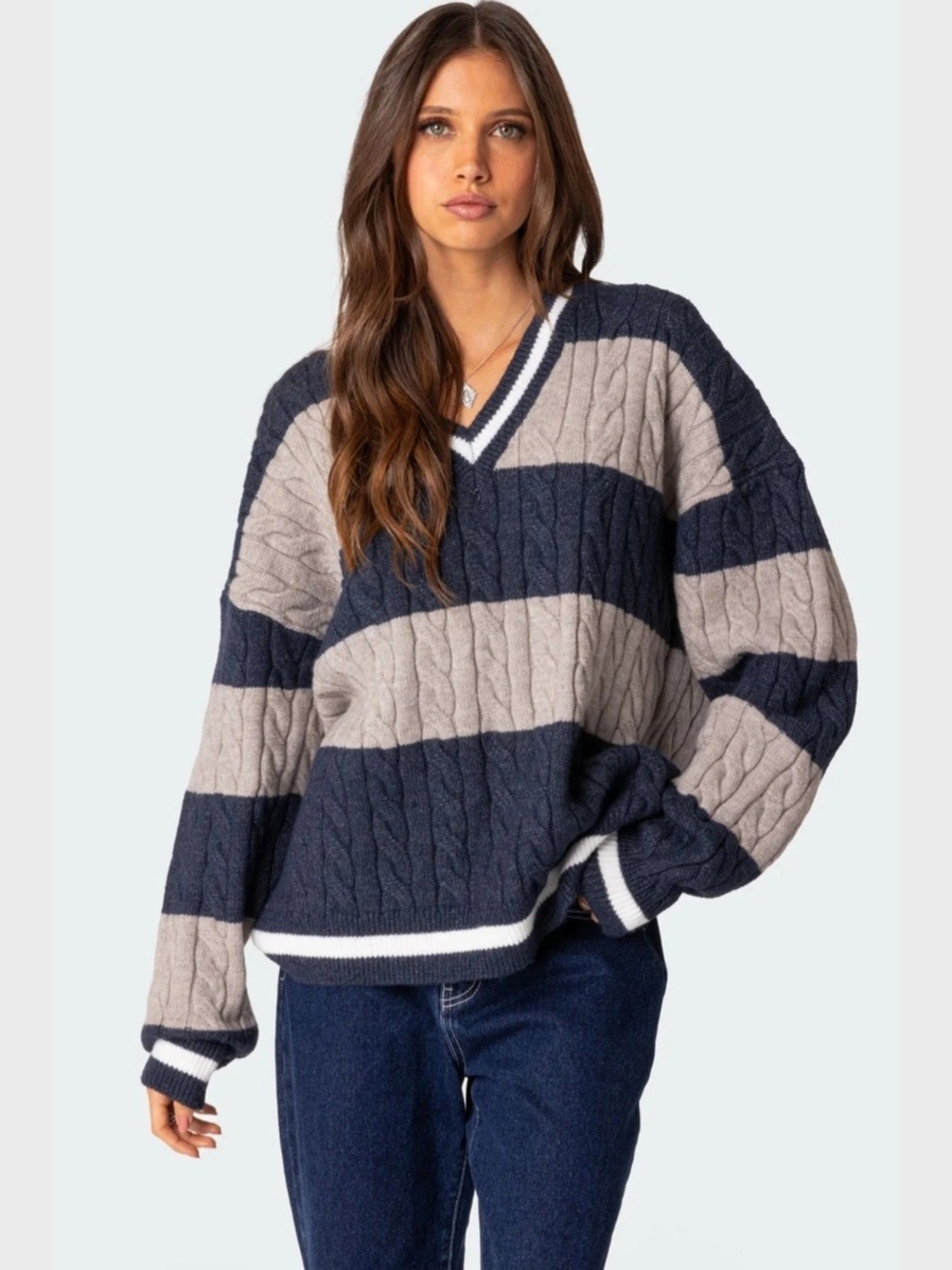 Striped Cable-Knit V-Neck Sweater - Navy & Taupe